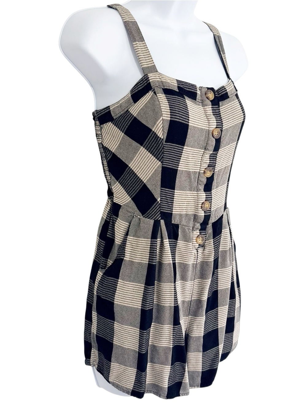 HOLLISTER Black White Plaid Romper Medium Smocked Button Front Sleeveless Y2K - Picture 2 of 9